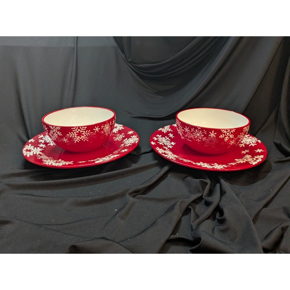 SET Royal Norfolk Dinner Plate (2)(/Bowls(2) Christmas-Red With Snowflakes